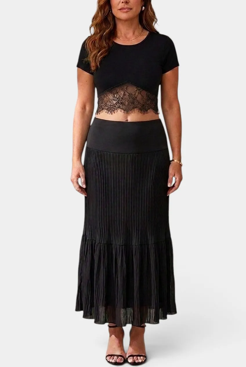 Lace-Trim Crop Top with Pleated Maxi Skirt