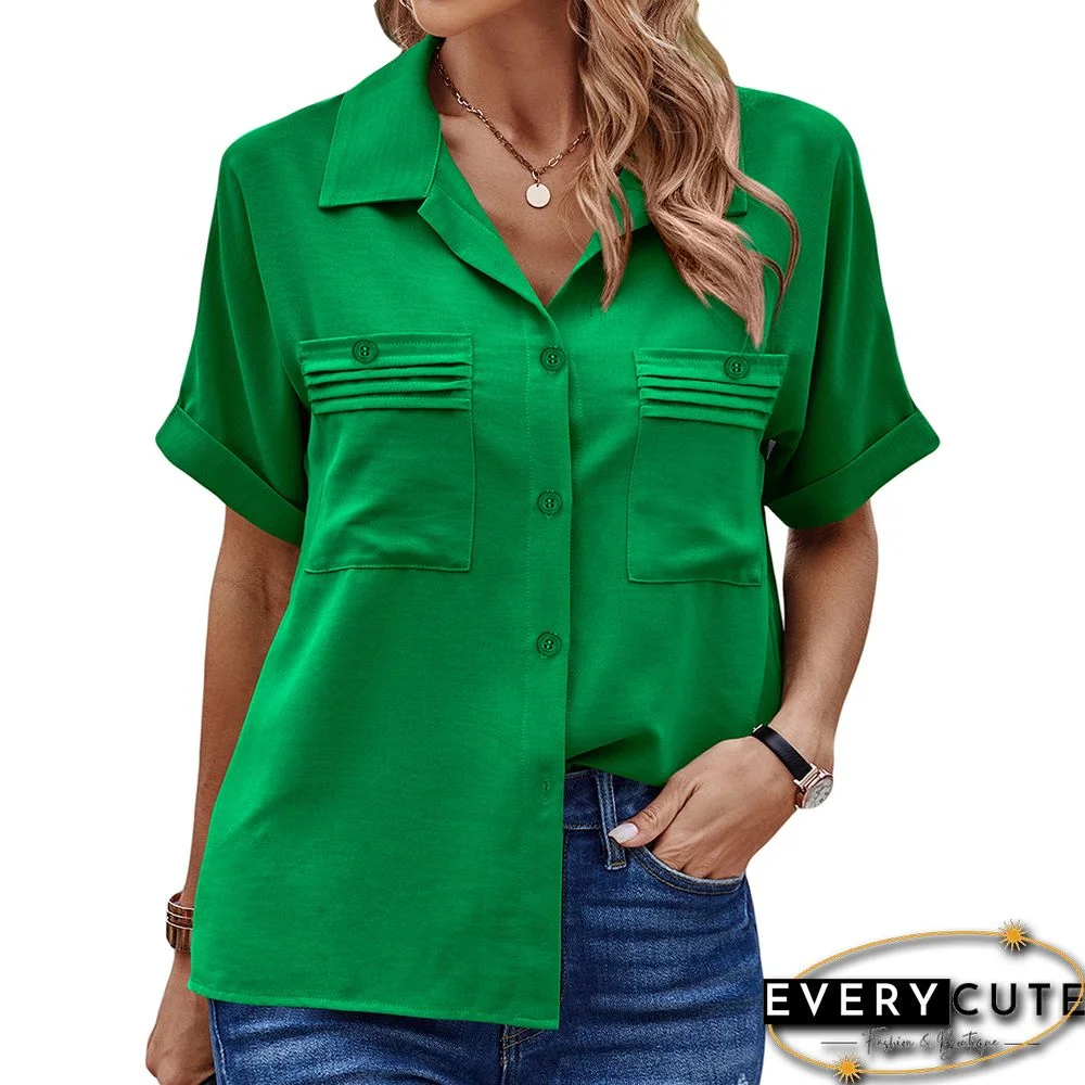 Green Solid Pleated Button Pocket Short Sleeve Shirt