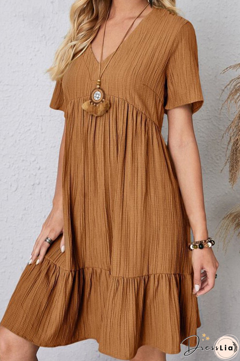 Full Size Ruched V-Neck Short Sleeve Dress