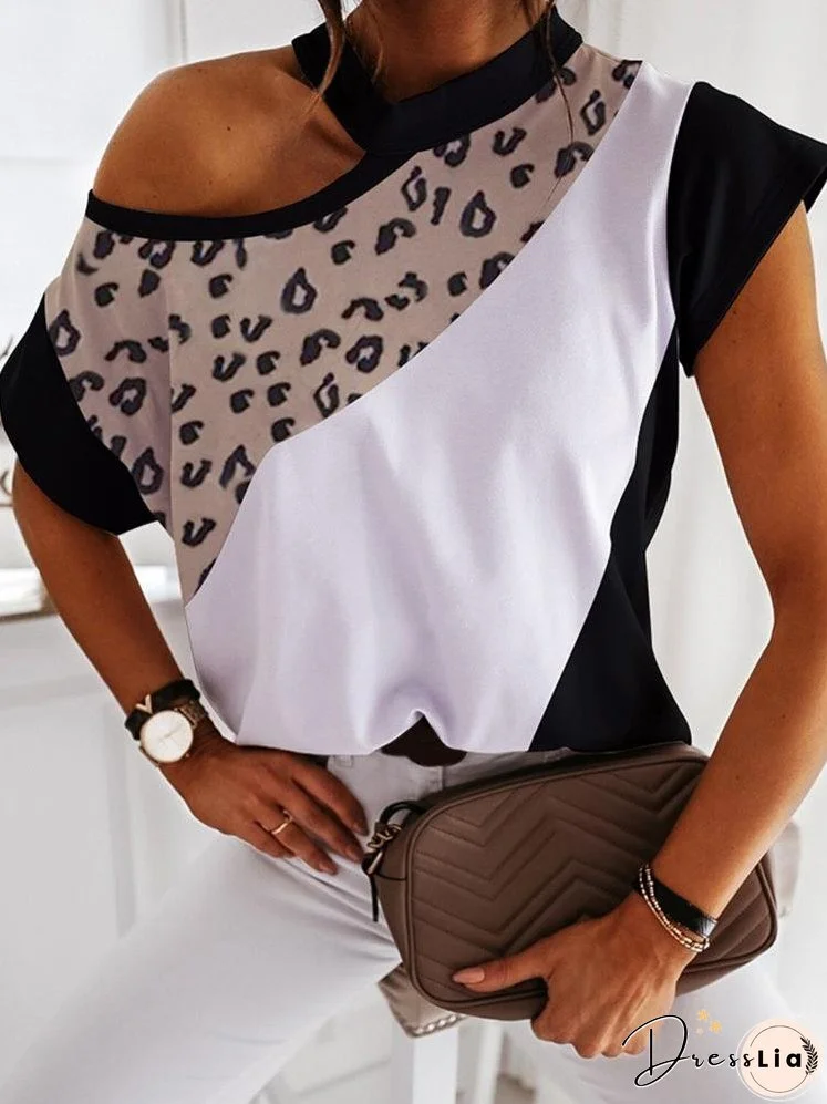 Cheetah Print Colorblock One Shoulder T-shirt for Women