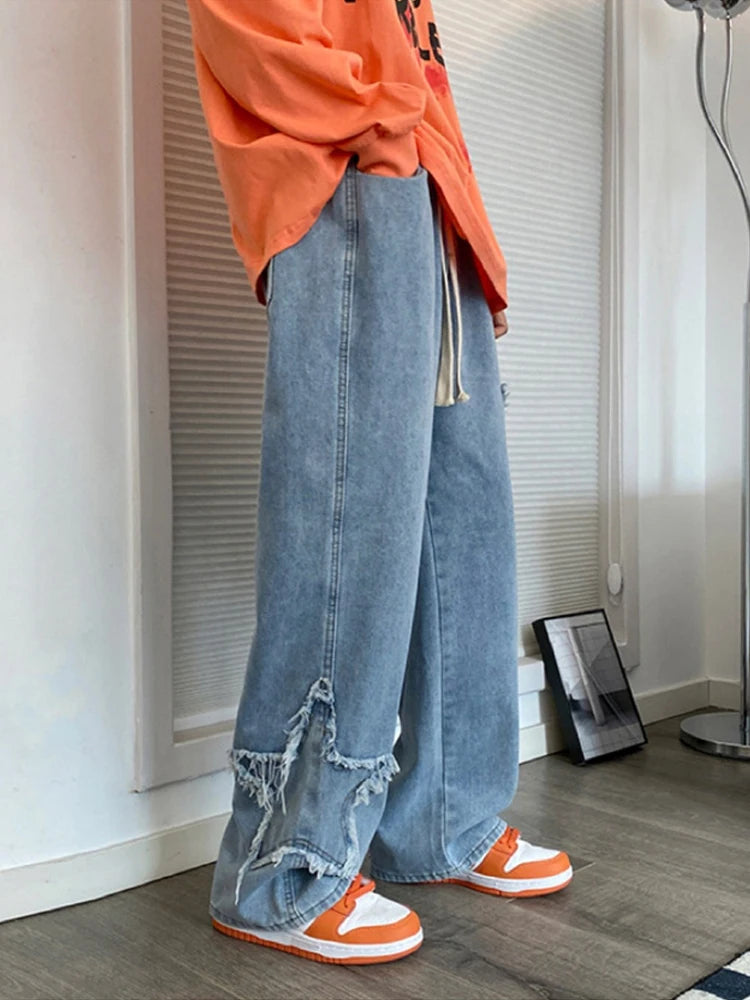 OTUSI American Retro Star Embroidery Jeans Men's Baggy Hip Hop Fashion Denim Pants 2024 New Casual Y2K Streetwear Straight Trouser