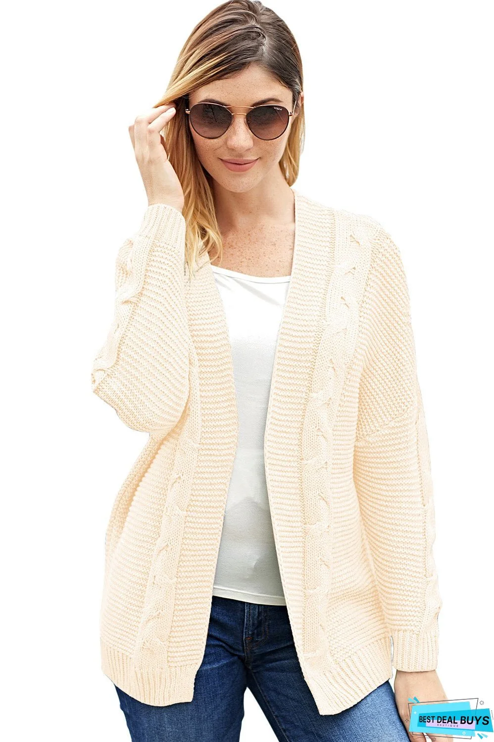 Fashion White Chunky Wide Long Sleeve Knit Cardigan