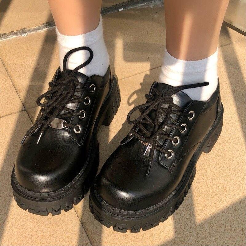 British Platform Lolita Shoes Women Fashion Lace Up 2021 Women Casual Mary Jane Shoes Ladies Leather Shoes Zapatillas Mujer 1108-1
