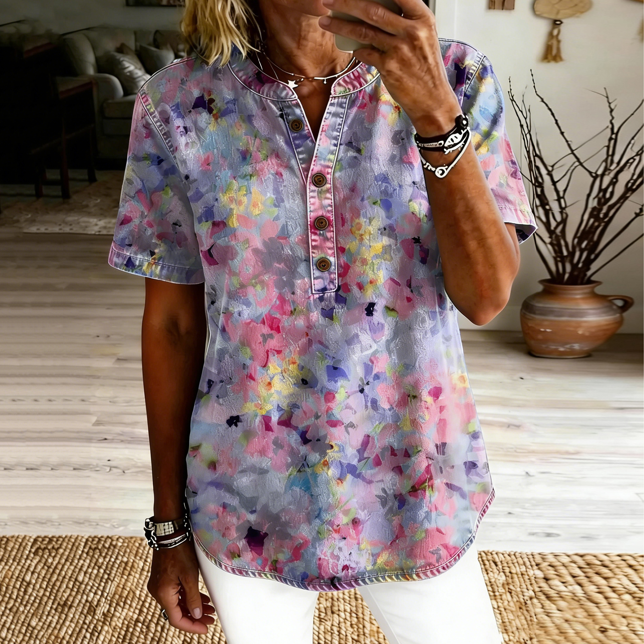 Women's Vintage Colorful Floral Art Print Casual Short-sleeve Top elevenforest