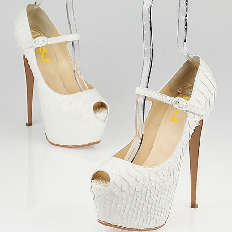 White Python Platform Heel Mary Jane Pumps Stripper Shoes |FSJ Shoes