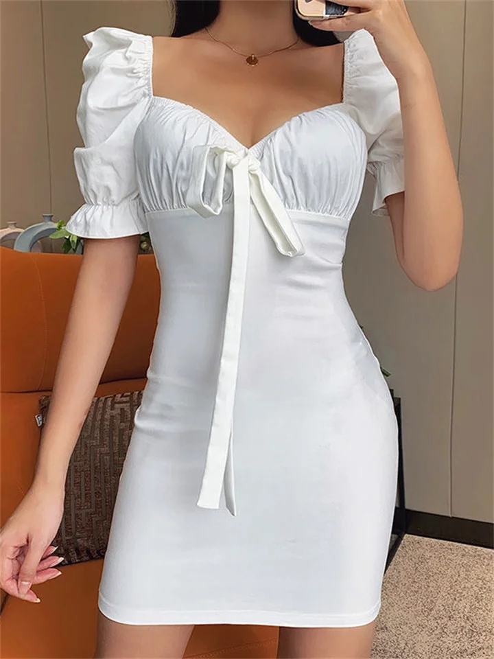 Peach Heart Collar Bubble Sleeve Dress New Temperament Model Shrink Pleated Straps Package Hip Dress-Cosfine