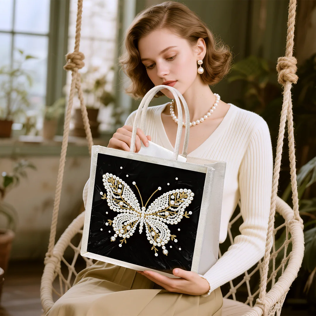 Pearl Butterfly DIY Diamond Painting Shopping Bag Crystal Painting Linen Tote Bags Waterproof Multi-Pocket Diamond Tote Handbag Large Capacity for Adults Beginners