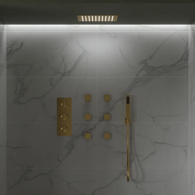 M6378GNLI 12 in. LED Thermostatic Rain Shower System, Ceiling Mounted with 6 Body Jets and Handheld Spray