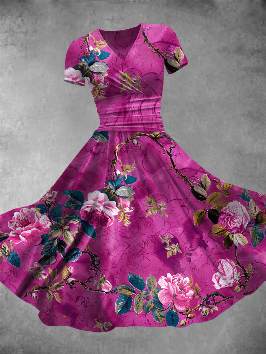 Vintage Floral Print V-Neck Short Sleeve Midi Dress