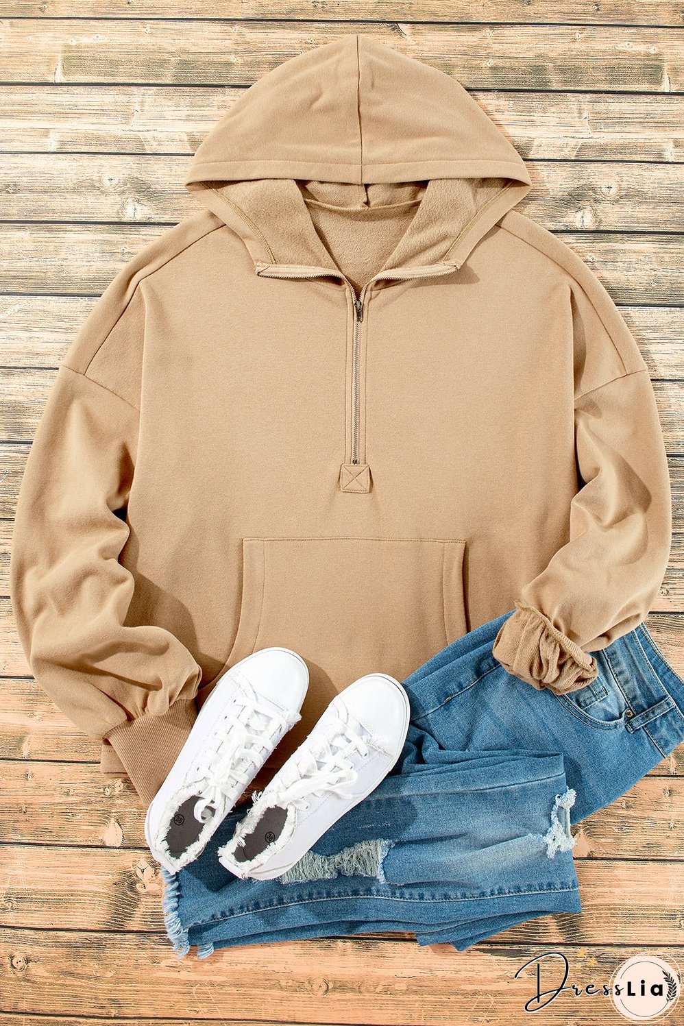 Parchment Fleece Lined Half Zipper Kangaroo Pockets Loose Hoodie