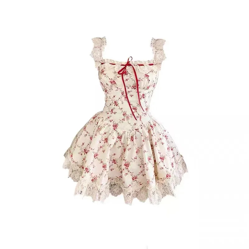 Aiertu 2024 New Sweet Floral Dress Set Woman Casual Red Short Cardigan Elegant Lace Y2k Mini Dress Beach Korean Fashion Clothing Suit Aiertu