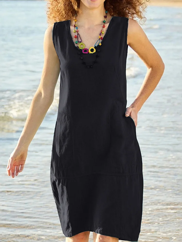Women's Casual O-Neck Sleeveless Pocket Office Solid Color Loose Cotton Linen Midi Dress