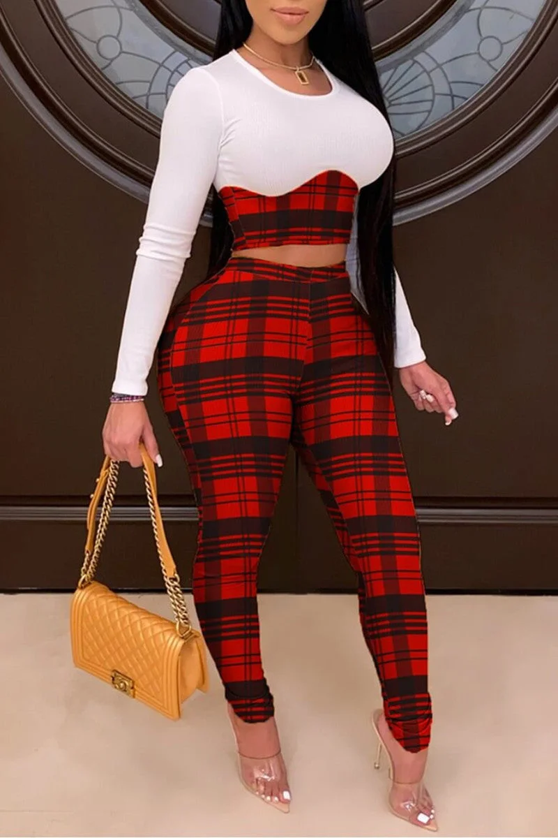 Fashion Casual Plaid Print Split Joint O Neck Long Sleeve Two Pieces