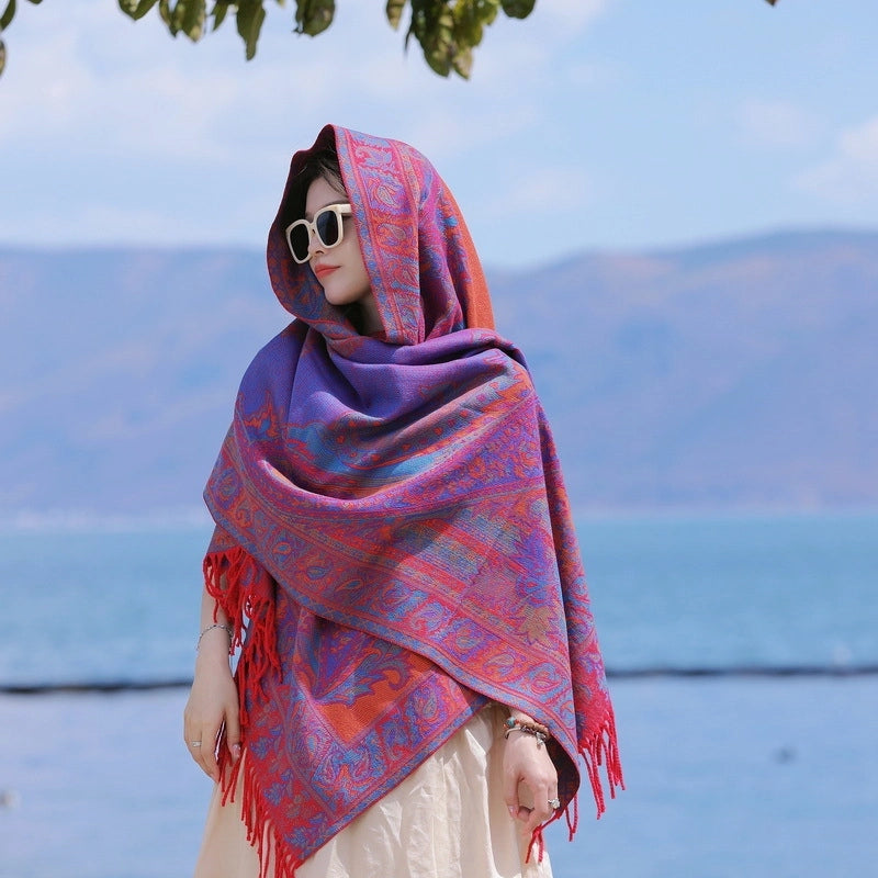 Yunnan Lijiang Tourism New Shawl Ethnic Style Scarf Women’s Retro Cape Thickened Cashmere Scarf