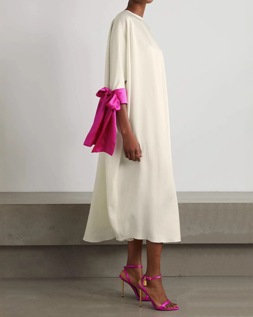 Bow Accent Round Neckline Loose Long Sleeve Midi Dress