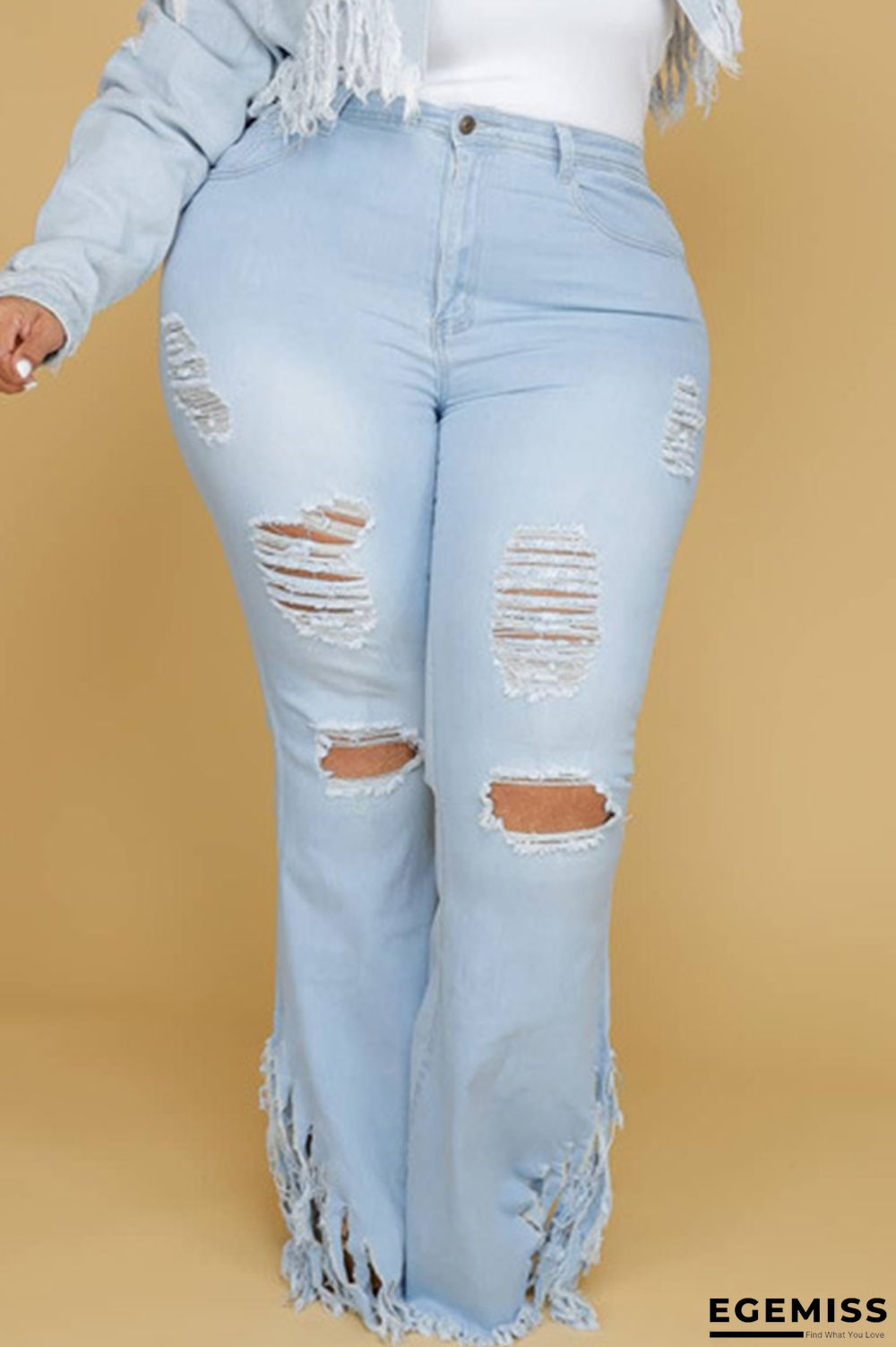 Baby Blue Sexy Solid Ripped Plus Size Jeans | EGEMISS