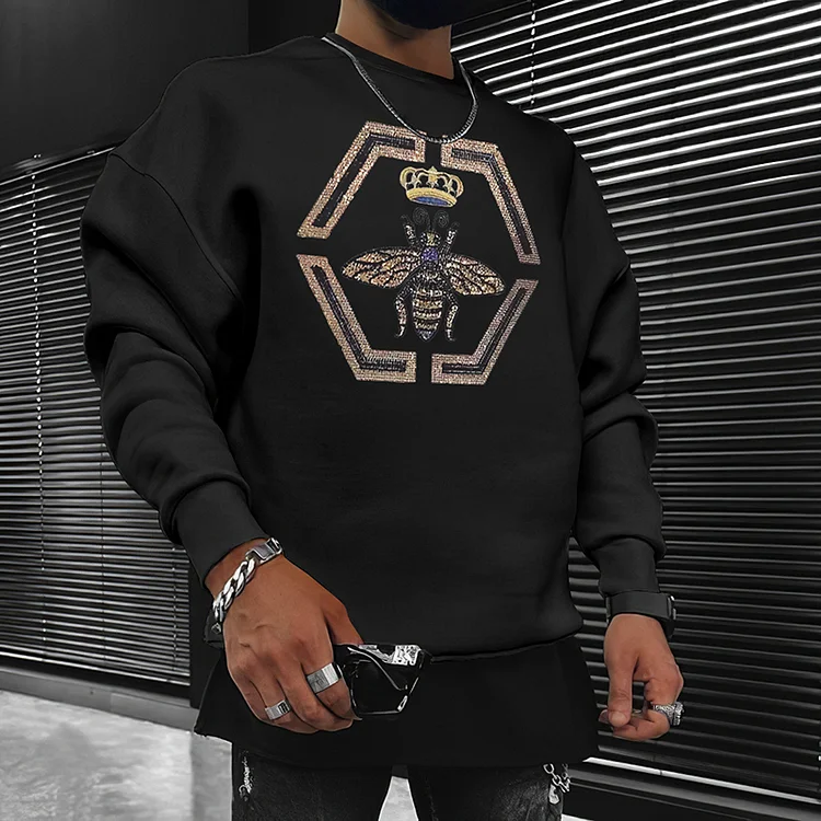 BrosWear Men's White Round Neck Hot Diamond Golden Bee Sweatshirt