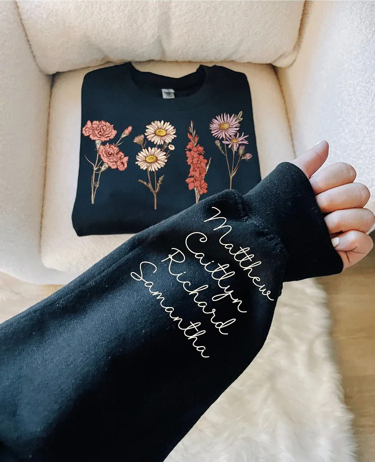 Personalize Mom Gift from Kids names heart on sleeve, Mother's Day Gift, Custom Birth Month Flower Gift, Mother's Day Shirt, Mama Sweatshirt