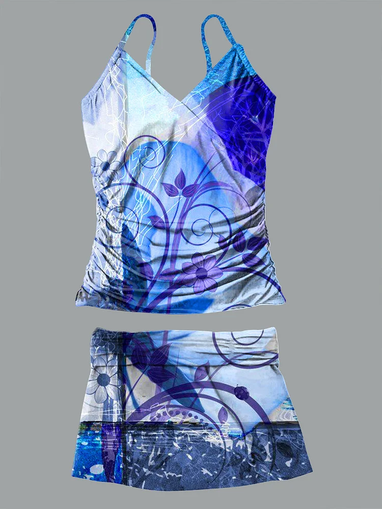 Blue Dye Pattern Art Print Slip Bikini V Neck Set Swimsuit