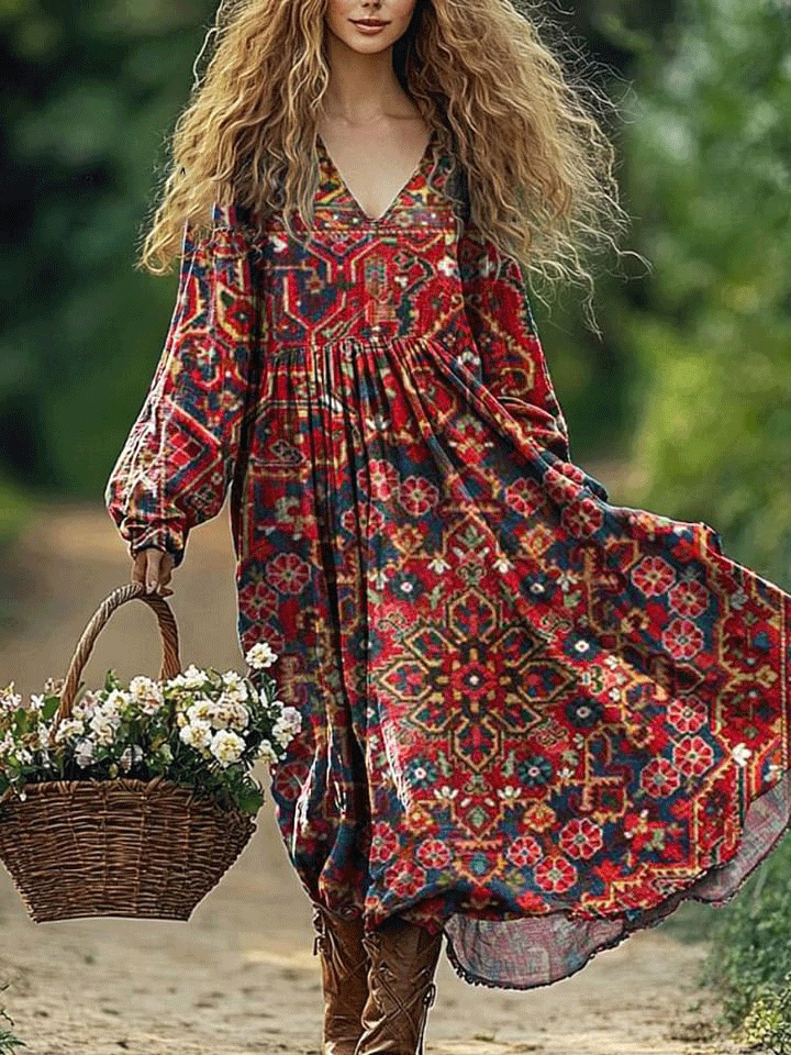 Women's Vintage Lovely Floral Art Print Pocket Cotton Dress
