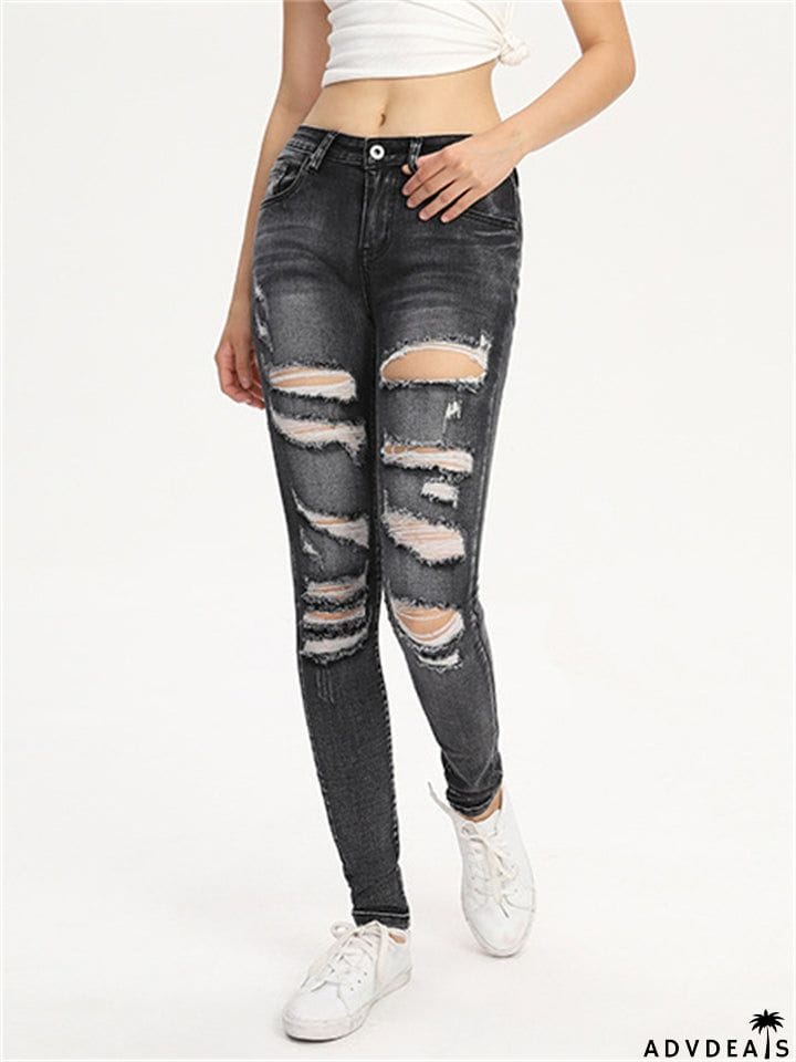 Youth Street Style Slim Fit Stretchy Ripped Denim Jeans for Women