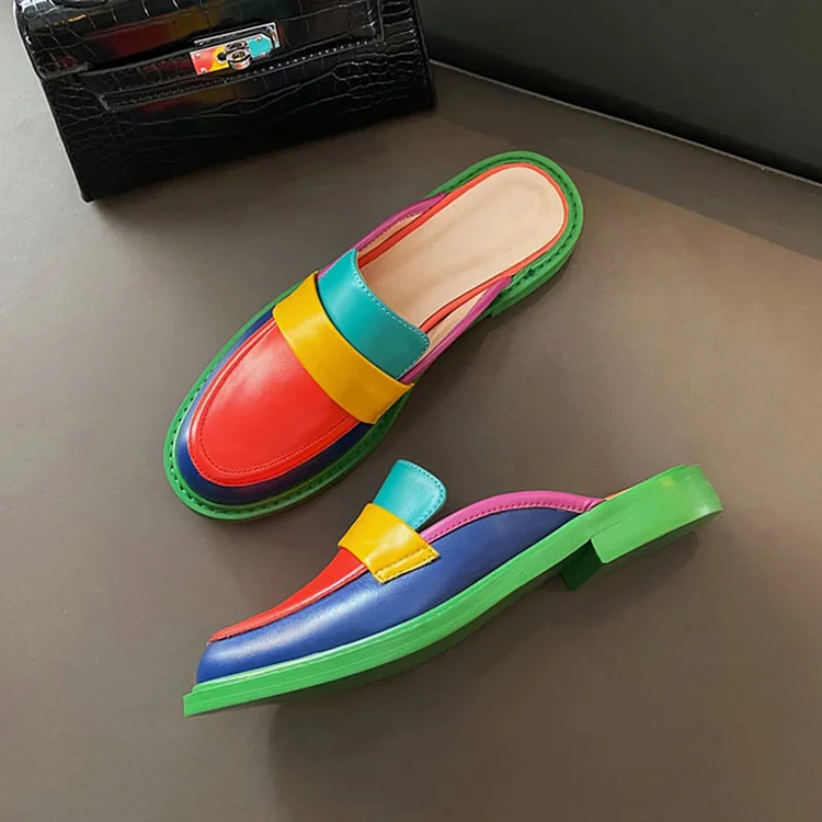 Multicolor Low Chunky Heel Clog Mules with Closed Round Toe Vdcoo