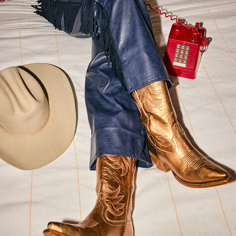 Gold Snip Toe Chunky Heel Pull Tab Western Boots with Embroidered