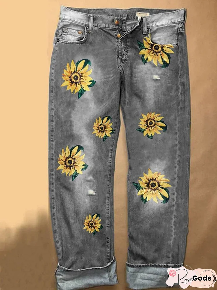 Women Casual Denim Floral Printed Jeans