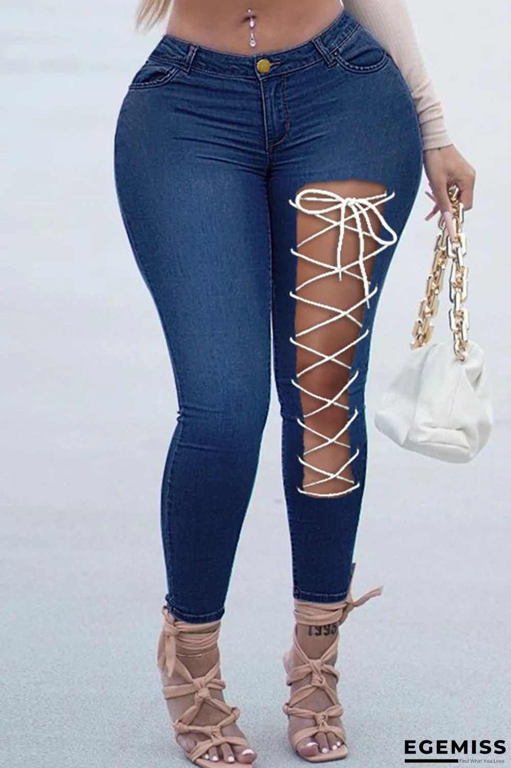 Deep Blue Fashion Casual Solid Bandage Hollowed Out High Waist Skinny Jeans | EGEMISS