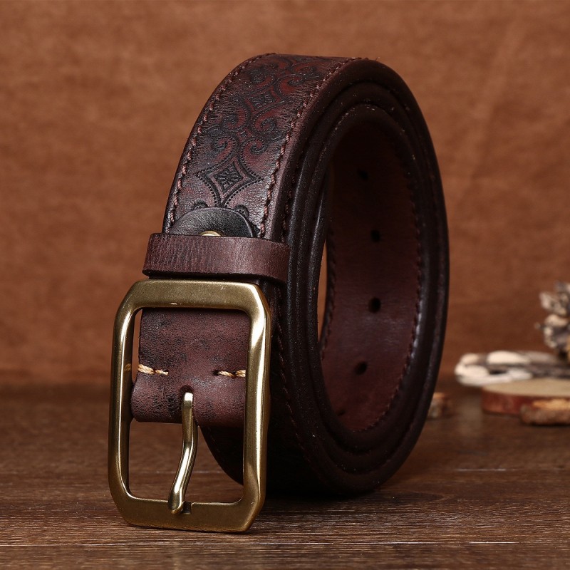 First Layer Cowhide Copper Buckle Vintage Carved Casual Leather Belt DANRRIO.COM DANRRIO