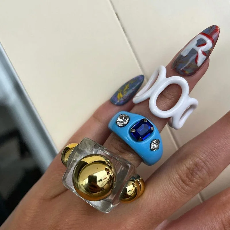 Dvacaman 2021 New Trendy Colorful Dripping Oil Resin Rhinestone Geometric Rings Hand-Painted Open Rings for Women Party Jewelry