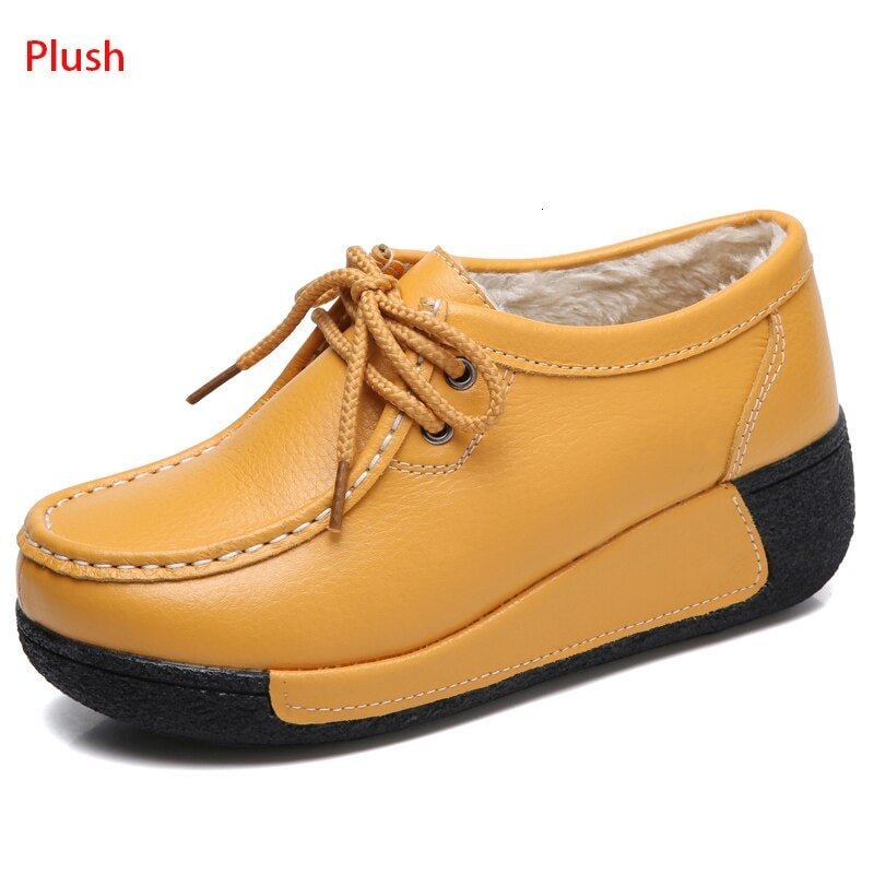 Genuine Leather Women Platform Sneakers Lace Up Flats Black White Swing Shoes Shallow Ladies Casual Footwear Height Increasing
