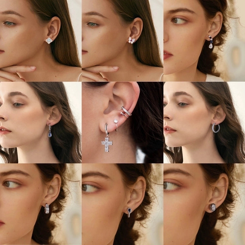 White Gold Plated Silver Plated 925 Sterling Silver Zircon 925 Sterling Silver Earrings Round Heart Shape Rhombus Earrings