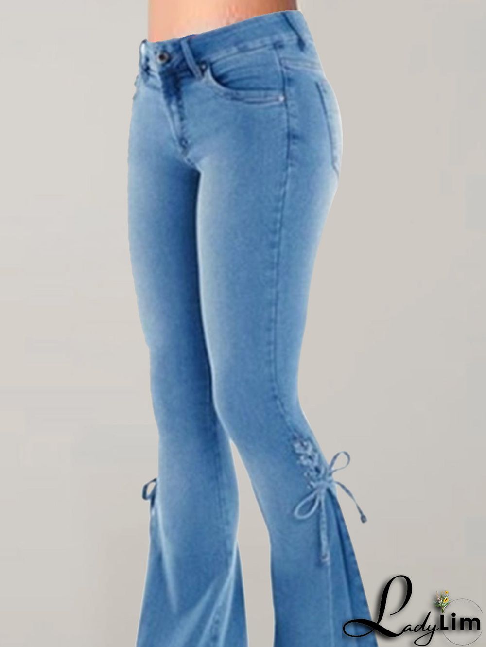 Fashion Plain Flare Leg Lace-Up Denim Slim Fit Pants