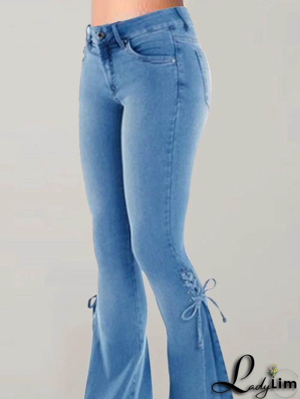 Fashion Plain Flare Leg Lace-Up Denim Slim Fit Pants