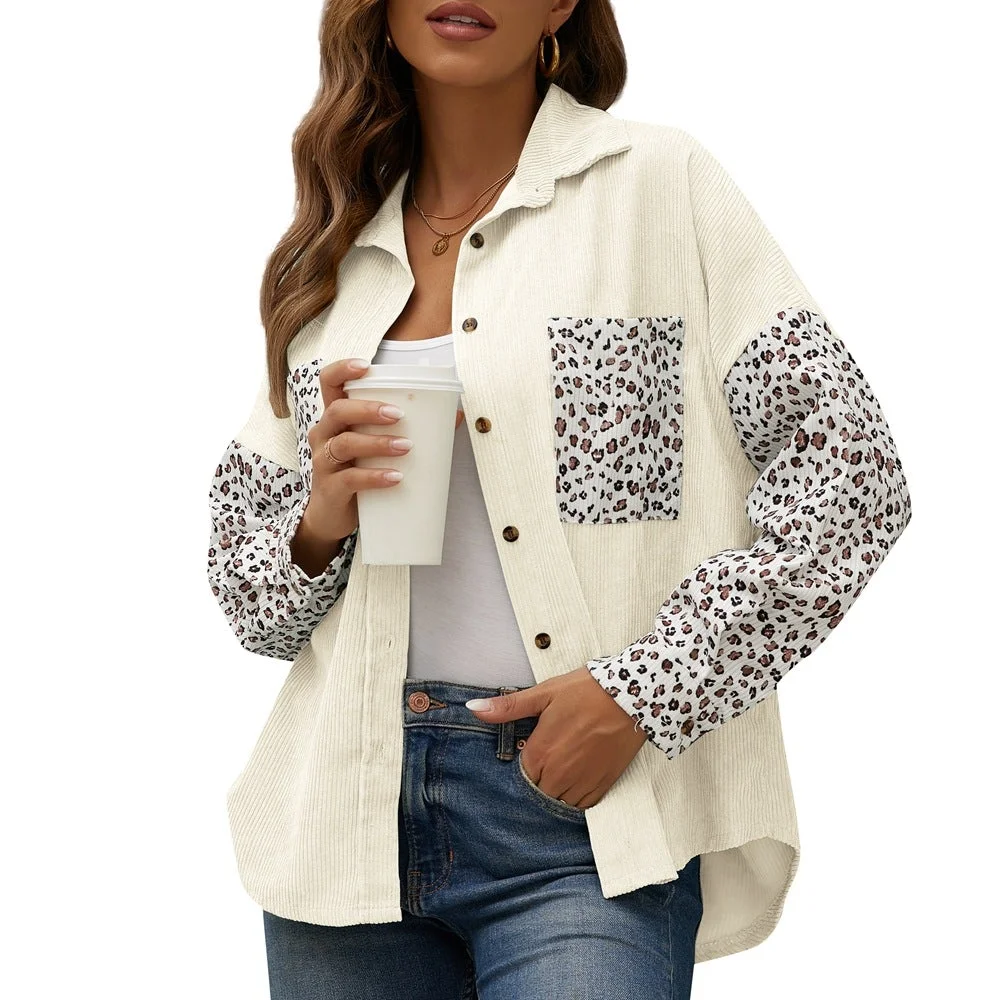 Women's Jacket Leopard Print Stitching Corduroy Casual Shirt