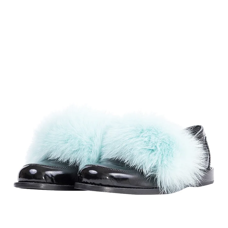 Black Patent Leather Faux Fur Trim Furry Flats Women's Loafers |FSJ Shoes