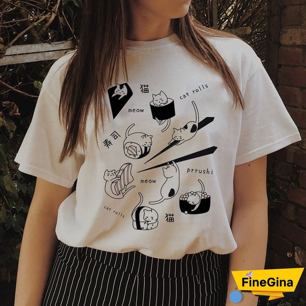 1pcs White Tees Sushi and Cat Animal Cute Cartoon Anime White Soft Slogan T-Shirt Summer Japanese Shirt Kawaii Grunge Graphic Tops Quote Outfits