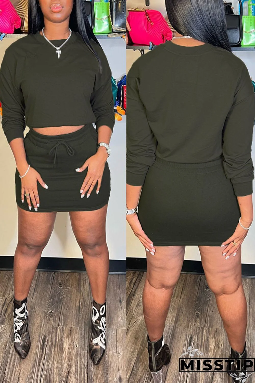 Army Green Casual Solid Patchwork O Neck Long Sleeve Two Pieces