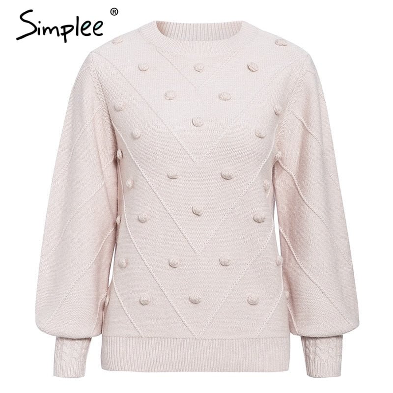 Simplee Elegant fur pompon women sweater Autumn winter lantern sleeve knitted sweater female Streetwear ladies pullover jumper