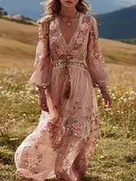 Vintage Bohemian Pink Embroidered Floral Lightweight V-neck Long Sleeve Dress