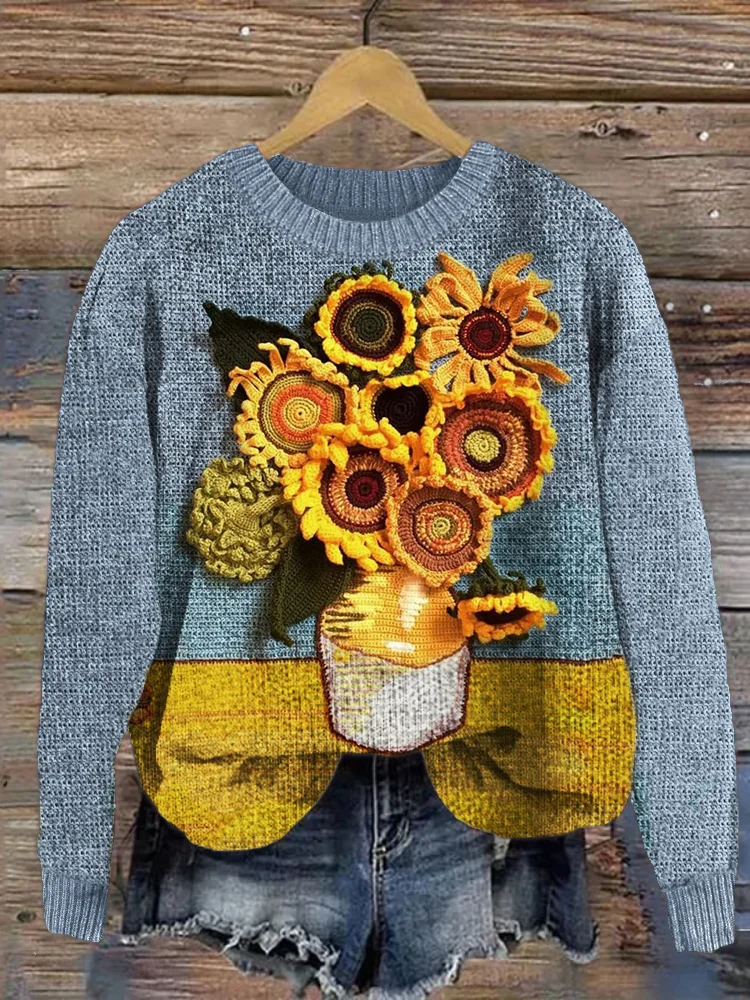 Classic Sunflowers Crochet Art Cozy Knit Sweater