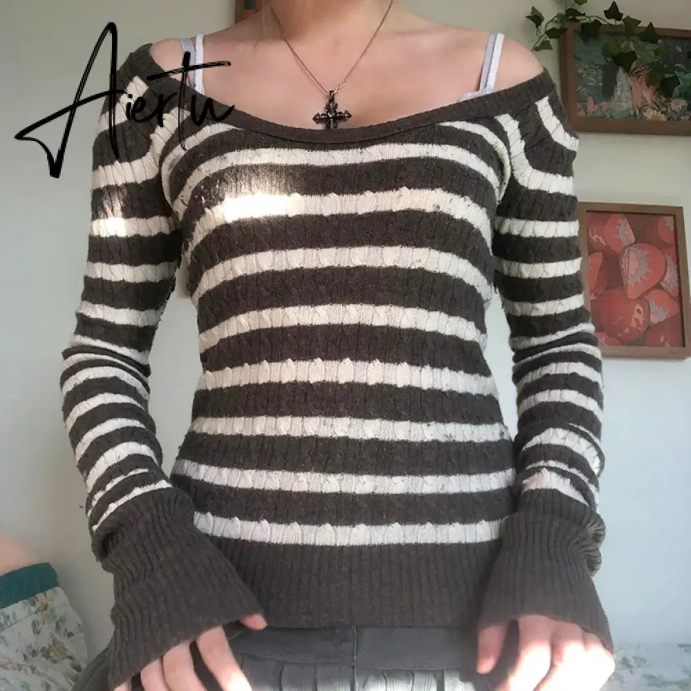 Y2K Grunge 00s Vintage Kink Sweaters Indie Retro Striped Knitted Pullovers Chic Fairy Aesthetics Preppy Jumpers Autumn Clothes Aiertu