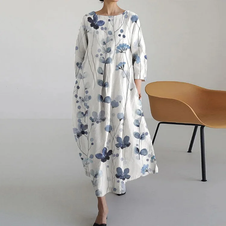 VChics Casual Ink Floral Print Gathered Linen Midi Dress
