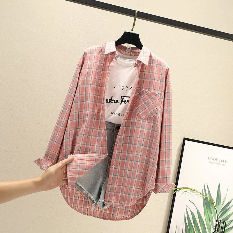 Women Blouses Shirts Tunic Womens Tops 2020 Long Sleeve Clothing Button Up Down Plaid New Fashion Autumn Turn-down Collar Good