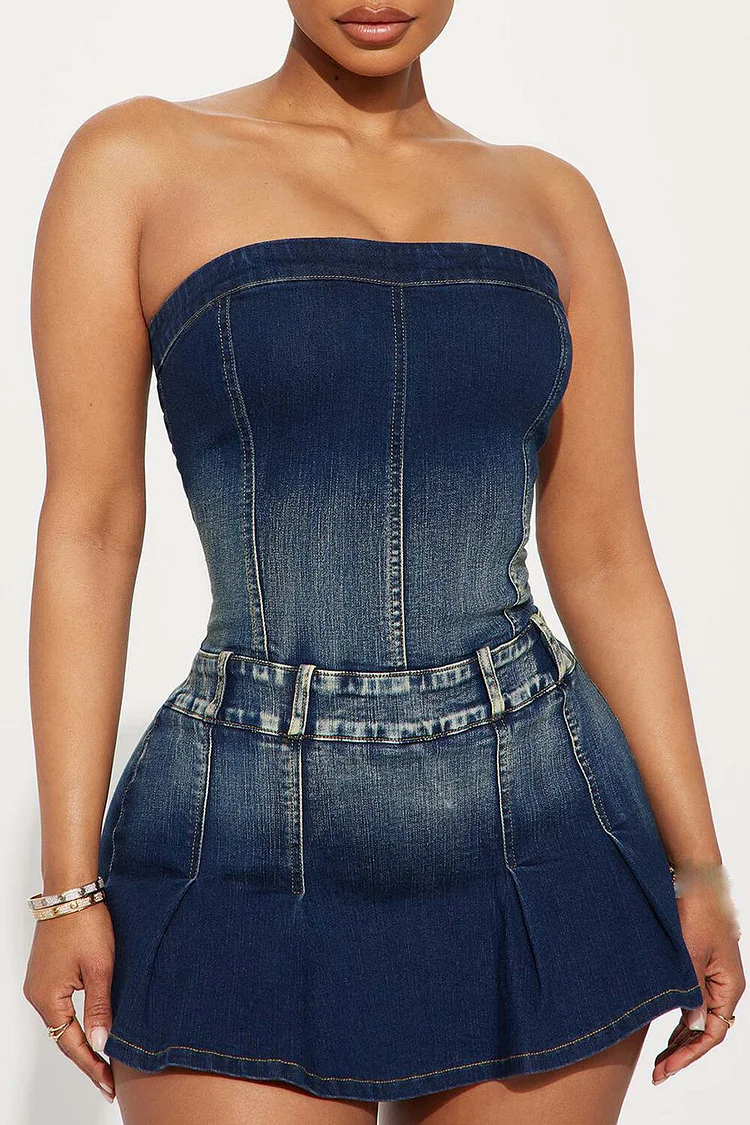 Gradient Color Denim Strapless Boat Neck Skorts Design Mini Dresses-Blue