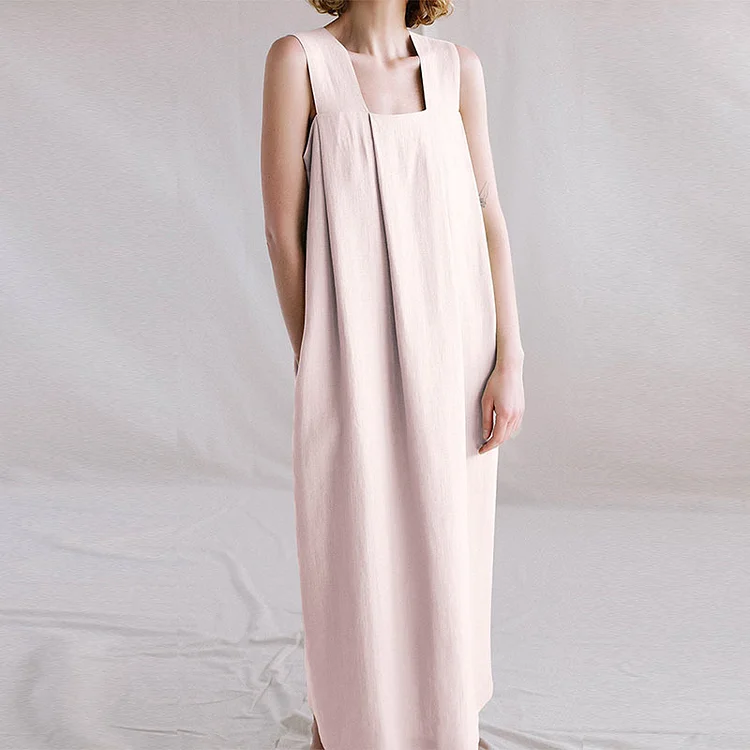 Ramie Sleeveless Baggy Collar Strap Maxi Dress