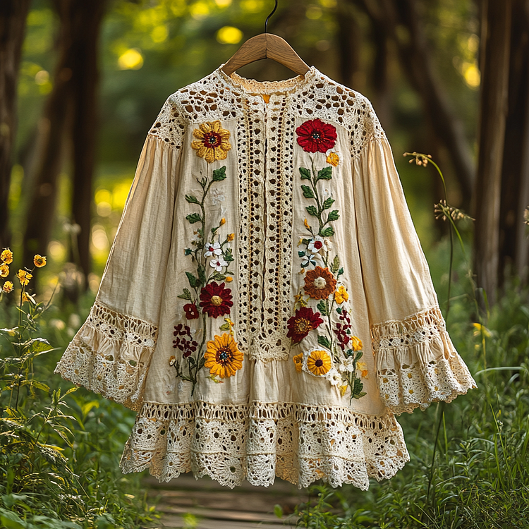 Women's Vintage Embroidered Floral Lace Round Neck Loose Blouse