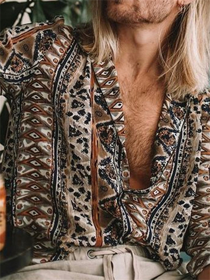 Men's Printed Lapel Cardigan Long Sleeve Shirt Leopard Pattern