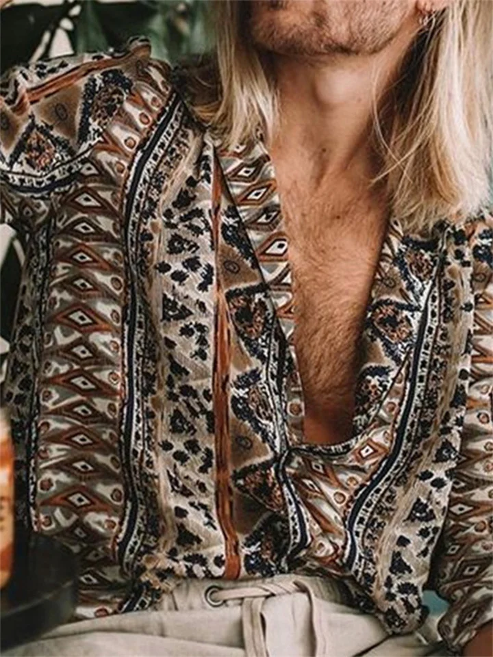 Men's Printed Lapel Cardigan Long Sleeve Shirt Leopard Pattern